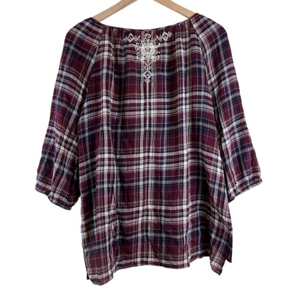 Johnny Was 3J Workshop Burgundy Plaid Embroidered Peasant Blouse - Picture 5 of 5